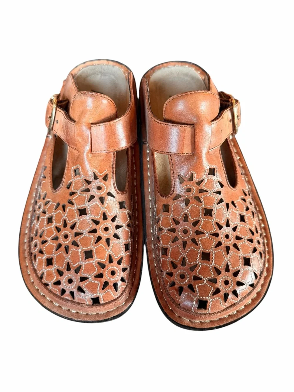 Alegria by PG Lite 35 Brown Leather Floral Laser-Cut Platform Sandals Comfort